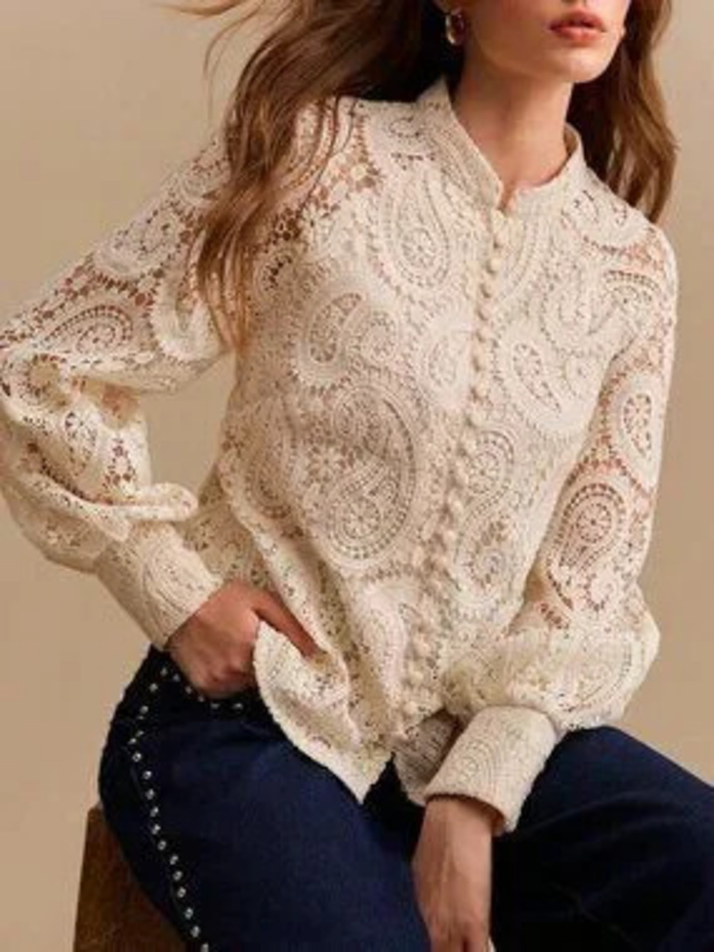 Apricot Elegant Women's Paisley Boho Lace Long Sleeve Balloon Sleeve Blouse Top